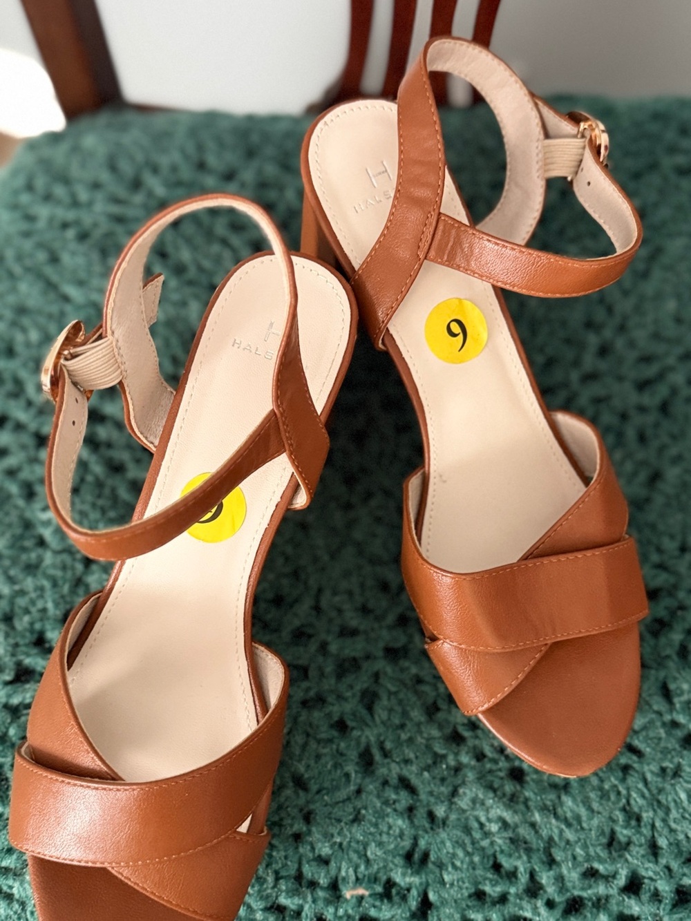 Halogen Cognac Brown Leather Block-Heel Sandals